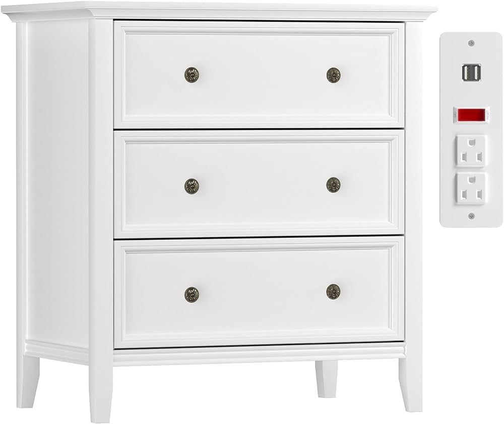 IKENO White Nightstand with 3 Drawers and Charging Station, Solid Wood Nightstand Organizer for B... | Amazon (US)