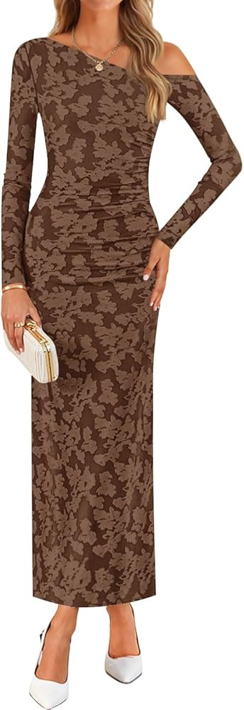 ZESICA Women's Fall Floral Off Shoulder Bodycon Maxi Dresses 2025 Long Sleeve Ruched Elegant Cock... | Amazon (US)