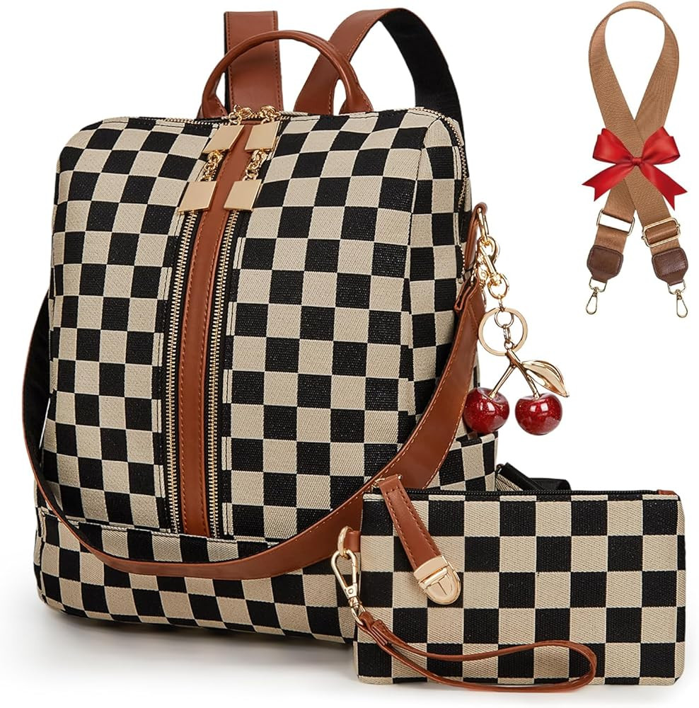 Lushandy Checkered Backpack Purse for Women, Brown Canvas Backpack Purse with Wallet Cherry Mom E... | Amazon (US)