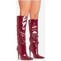 Grace Strap Detail Pointed Toe Stiletto Heel Knee High Long Boot In Burgundy Patent, Women's Size UK 7 | EGO (UK)