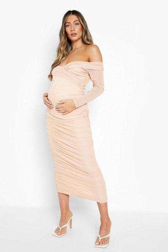 Maternity Off Shoulder Ruched Mesh Midi Dress | Boohoo.com (US & CA)