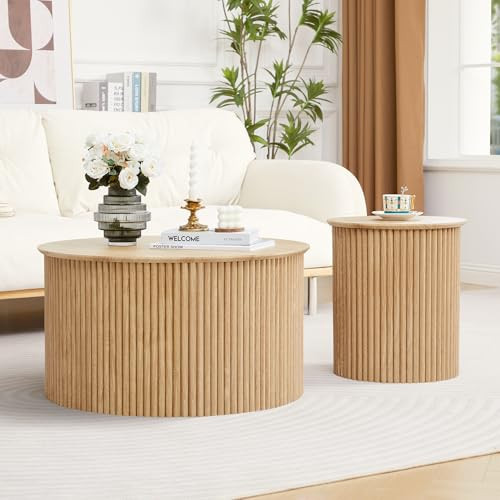 Fluted Round Nesting Coffee Table Set of 2, Mid Century Modern Wood Coffee Tables and End Table Set, Circle Side Table Minimalist Center Tables for Living Room, Office(Natural) | Amazon (US)