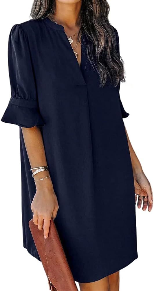 Wkior Shift Dress for Women V Neck Short Sleeves Solid Color Casual Flowy Summer Dresses(S-2XL) | Amazon (US)