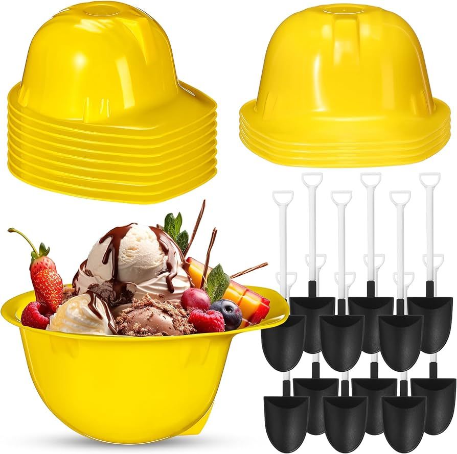 12 Sets Construction Hat Ice Cream Bowls Spoon Set, Plastic Construction Party Frozen Yogurt Cups... | Amazon (US)