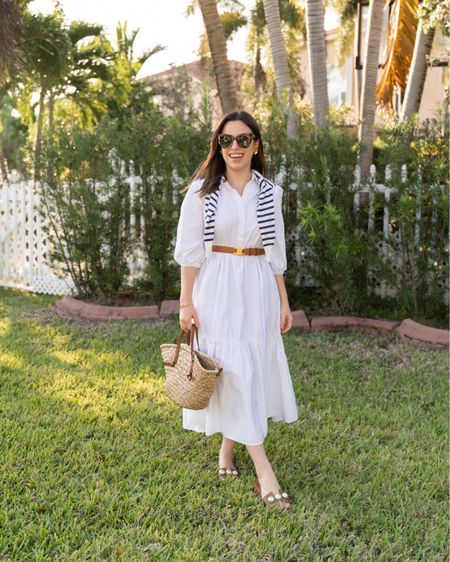 Style this white midi dress with a brown belt, pearl sandals, and a straw bag for a chic summer outfit!

#summerstyle #petitefashion #sundaydress #vacationoutfit

#LTKSeasonal #LTKU #LTKstyletip