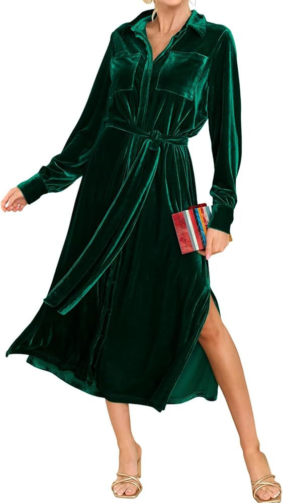 R.Vivimos Women's Fall Long Sleeve Velvet Casual Dresses Button Down Loose Slit Shirt Midi Dress ... | Amazon (US)