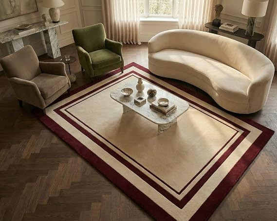 Hand-Tufted Wool Area Rug Cream & Burgundy Border, Modern Carpet for Living Room (9x11 ft) | Amazon (US)