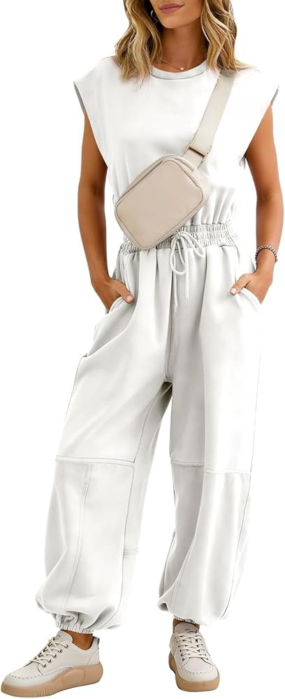 Flygo Womens Casual Jumpsuit Crewneck Cap Sleeve Long Wide Leg Pants One Piece Outfits Drawstring... | Amazon (US)