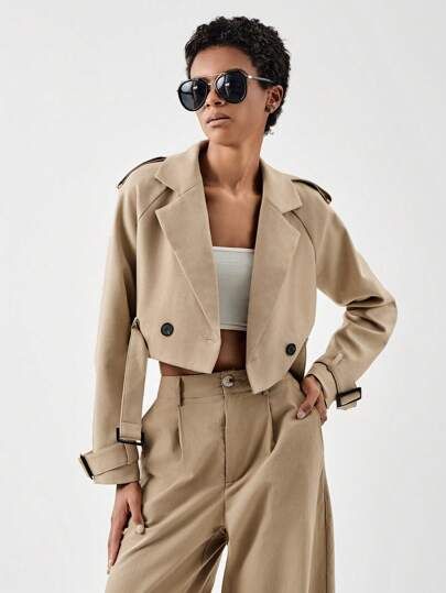 SHEIN BIZwear Double Breasted Buckle Belted Crop Trench Coat | SHEIN