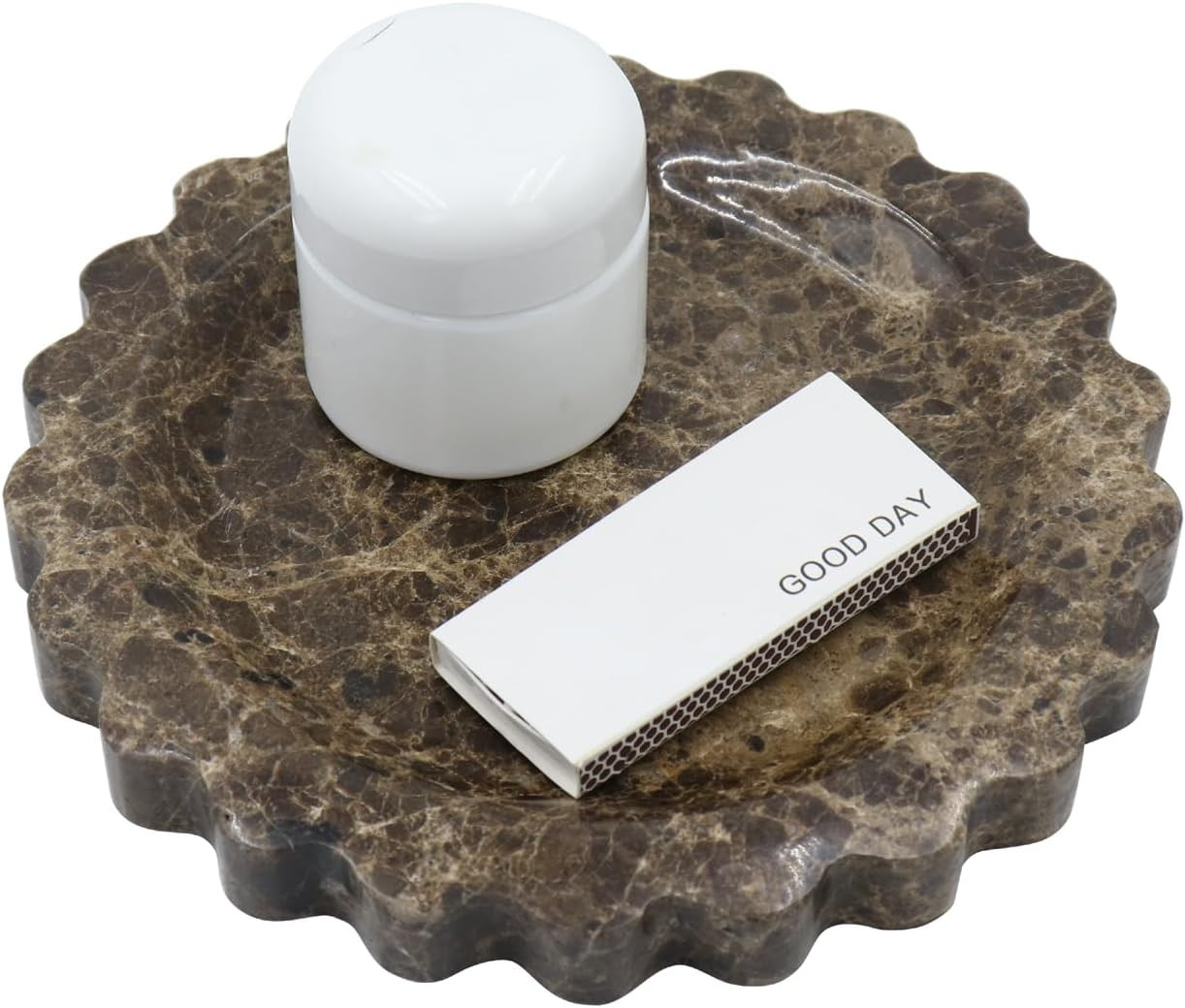 Round Marble Decorative Tray with Scalloped Edge, Luxury Natural Stone Bathroom Vanity Tray, Dresser Top Perfume Coffee Home Kitchen Sink Tray, Key Trinket Ring | Amazon (US)