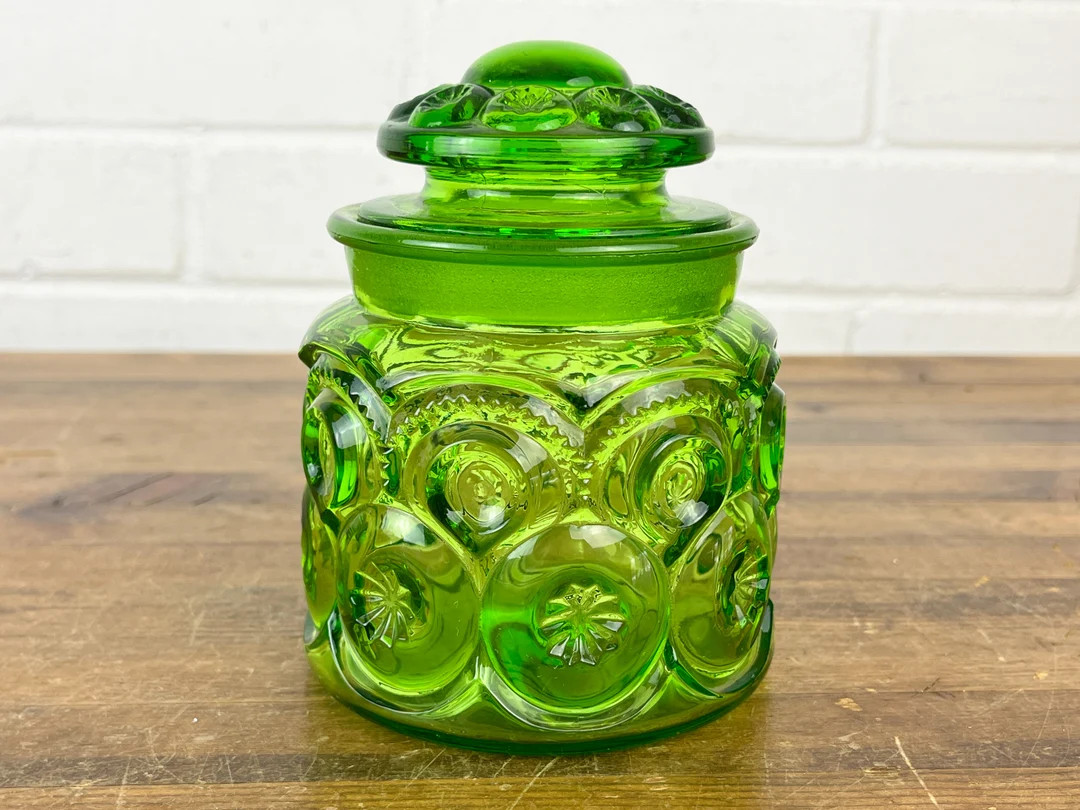 Vintage Green Glass L.E. Smith Moon and Stars Jar with Lid Authentic Vintage Small Green Canister | Etsy (US)