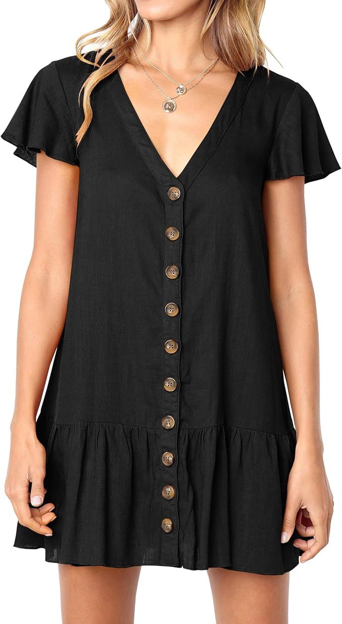 Maroway Womens Summer Dress Button Down Short Dress Ruffles Casual V Neck Swing Short Mini T-Shir... | Amazon (US)