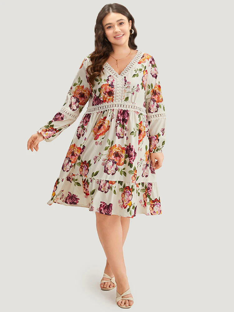 Floral Print V Neck Guipure Lace Lantern Sleeve Dress | Bloomchic