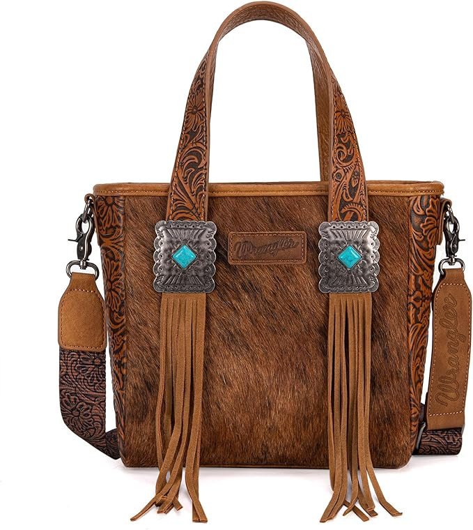 Montana West Wrangler Cowhide Tote Bag for Women Western Tooling Handbag Leather Fringing with Tu... | Amazon (US)