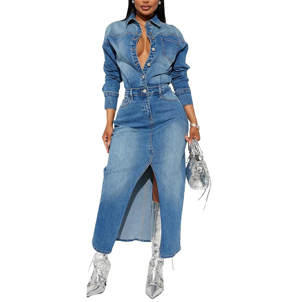 cffvdiz Long Denim Dress for Women Slit Long Sleeve Button Up Ankle Length Preppy Bodycon Jean Dr... | Amazon (US)