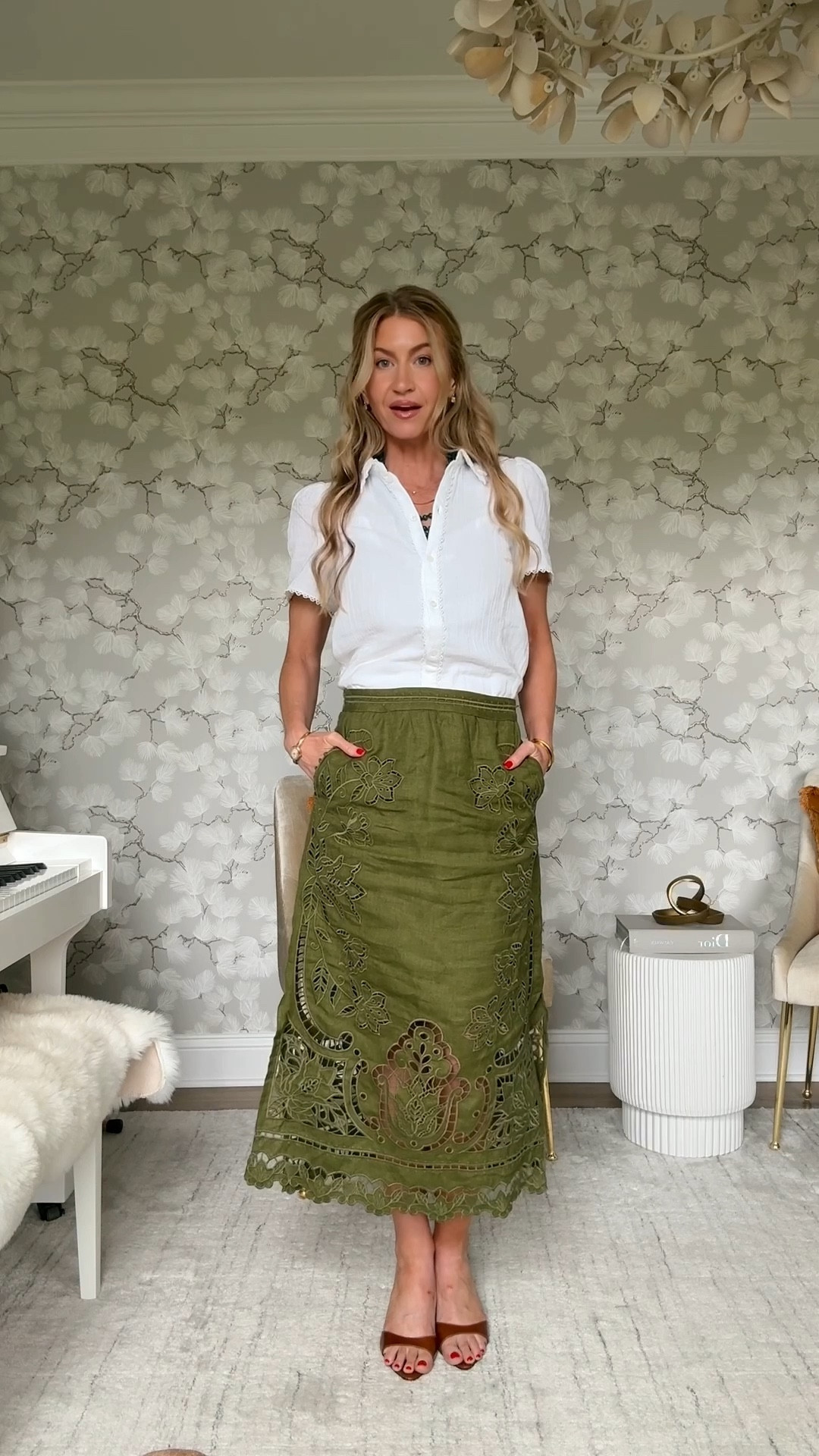Church Outift today! 

Dark green linen embroidered Farm Rio skirt: runs slightly small, wearing an XS

White embroidered ME+EM blouse: runs small, wearing a US 2

Leather cognac kitten sandals: TTS

#LTKdayinmylife #LTKootd #LTKgrwm