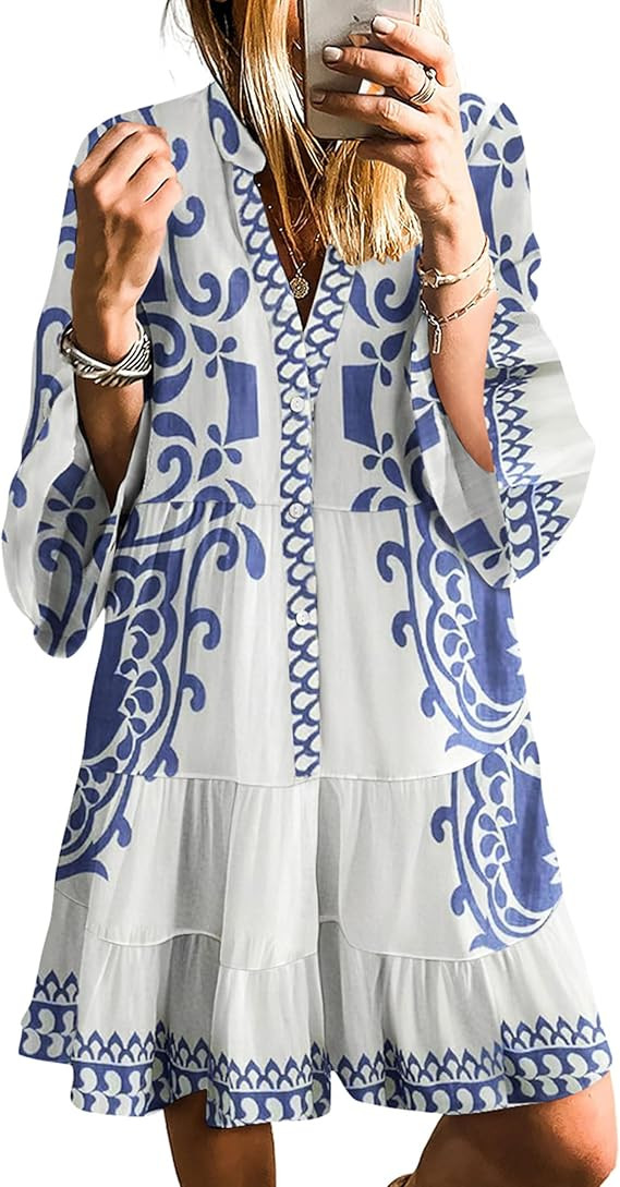 SELINK Womens Long Sleeve Dresses Casual V Neck Tribal Print Button Flowy Boho Mini Beach Dress | Amazon (US)