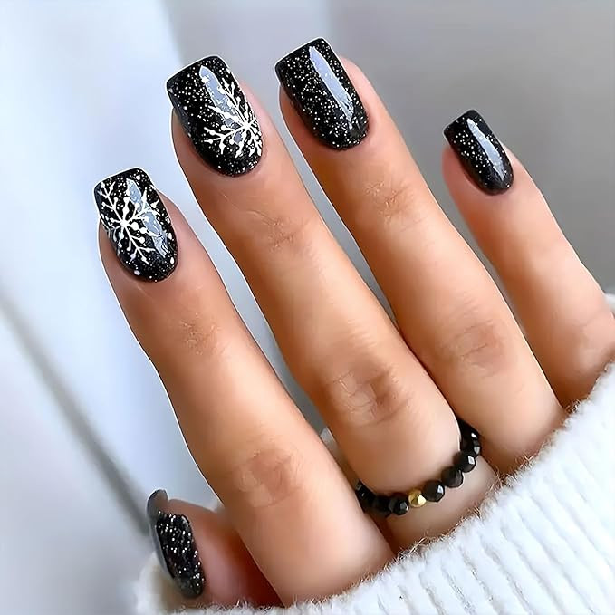 BFY Snowflake Press on Nails Medium Square Winter Christmas Fake Nails, Black Glitter Acrylic Nai... | Amazon (US)