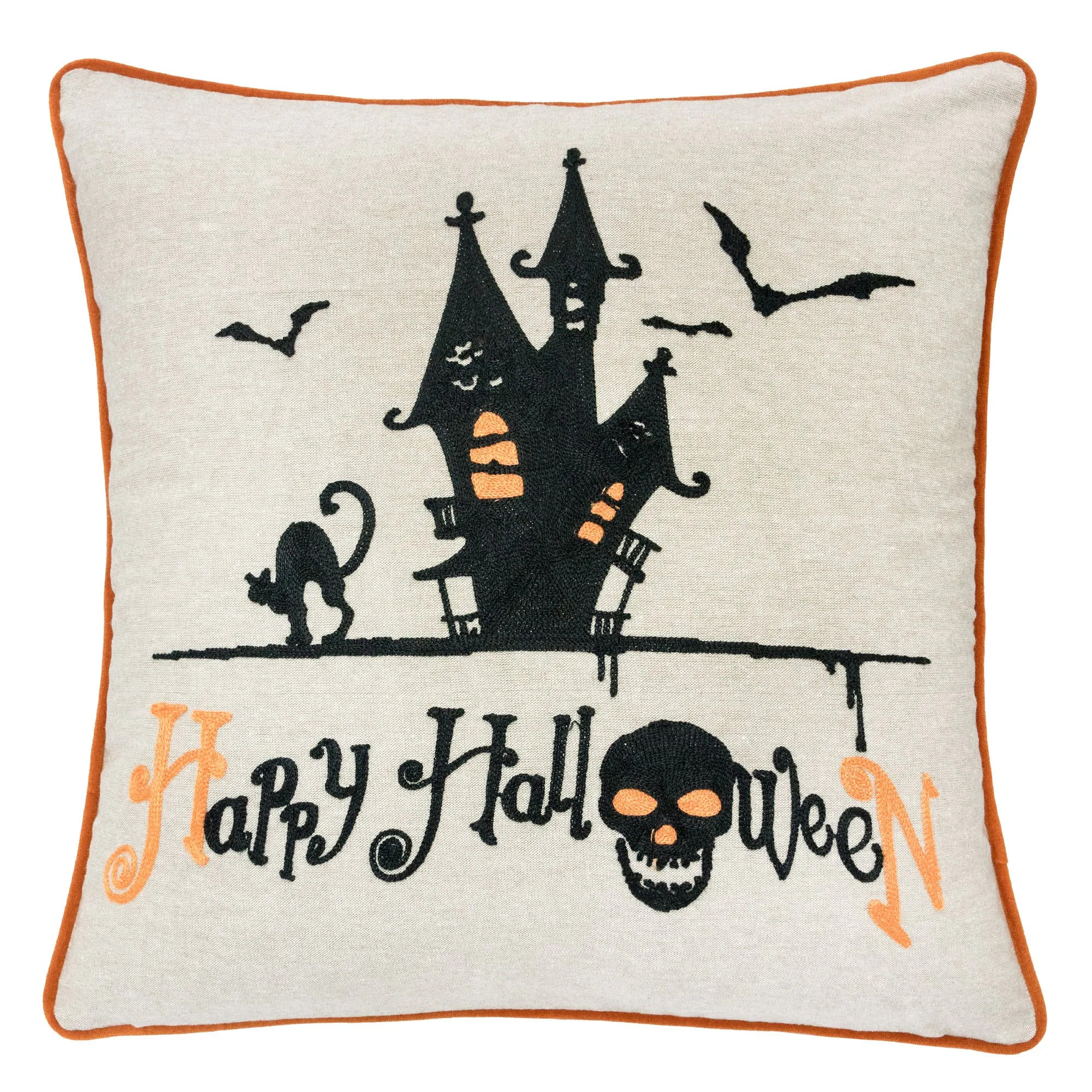 Happy Halloween Haunted House Linen Polyester 20"x20" Black Throw Pillow with Insert | Bed Bath & Beyond