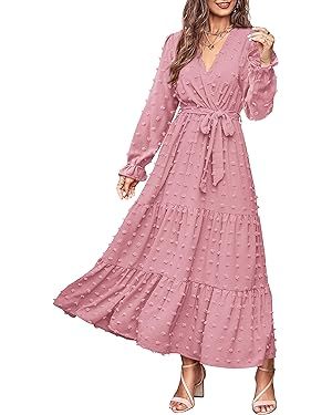 MASCOMODA Women 2023 Fall Dress Casual Swiss Dot Wrap V Neck Long Sleeve Maxi Dress Belted Flowy ... | Amazon (US)