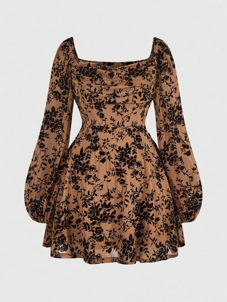 SHEIN ICON ICON Plus Size Women Black Swing Collar Lantern Sleeve Dress, Christmas Outfit, Witch, Christmas | SHEIN