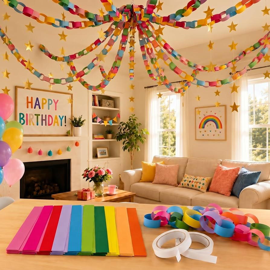Paper Chain Garland and 5PCS Gold Star Garland, 500 Sheets Rainbow Colorful Paper Chain Strips DI... | Amazon (US)