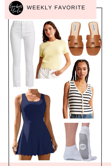 Weekly faves🌷 The best white jeans, summer sweaters, chic flat sandals, a scalloped active dress, and super sticky Pilates socks! 

#LTKover40 #LTKfindsunder50 #LTKfindsunder100