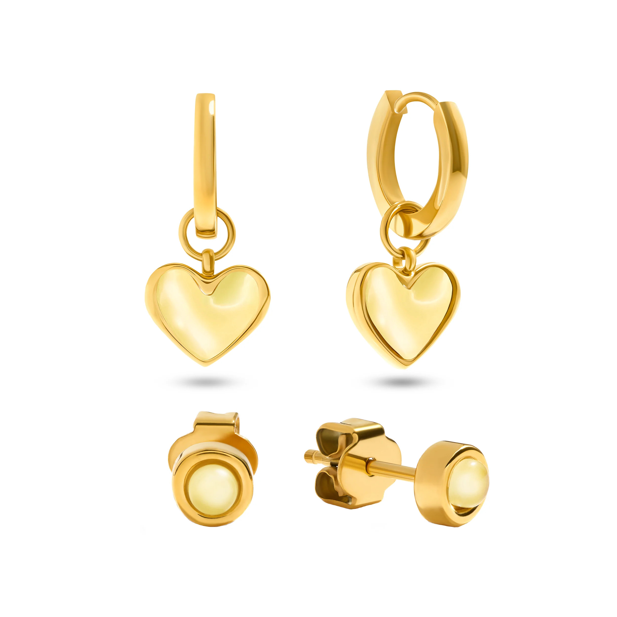 Butter Yellow Quartz Heart Huggie Earring Set (Gold) | Abbott Lyon
