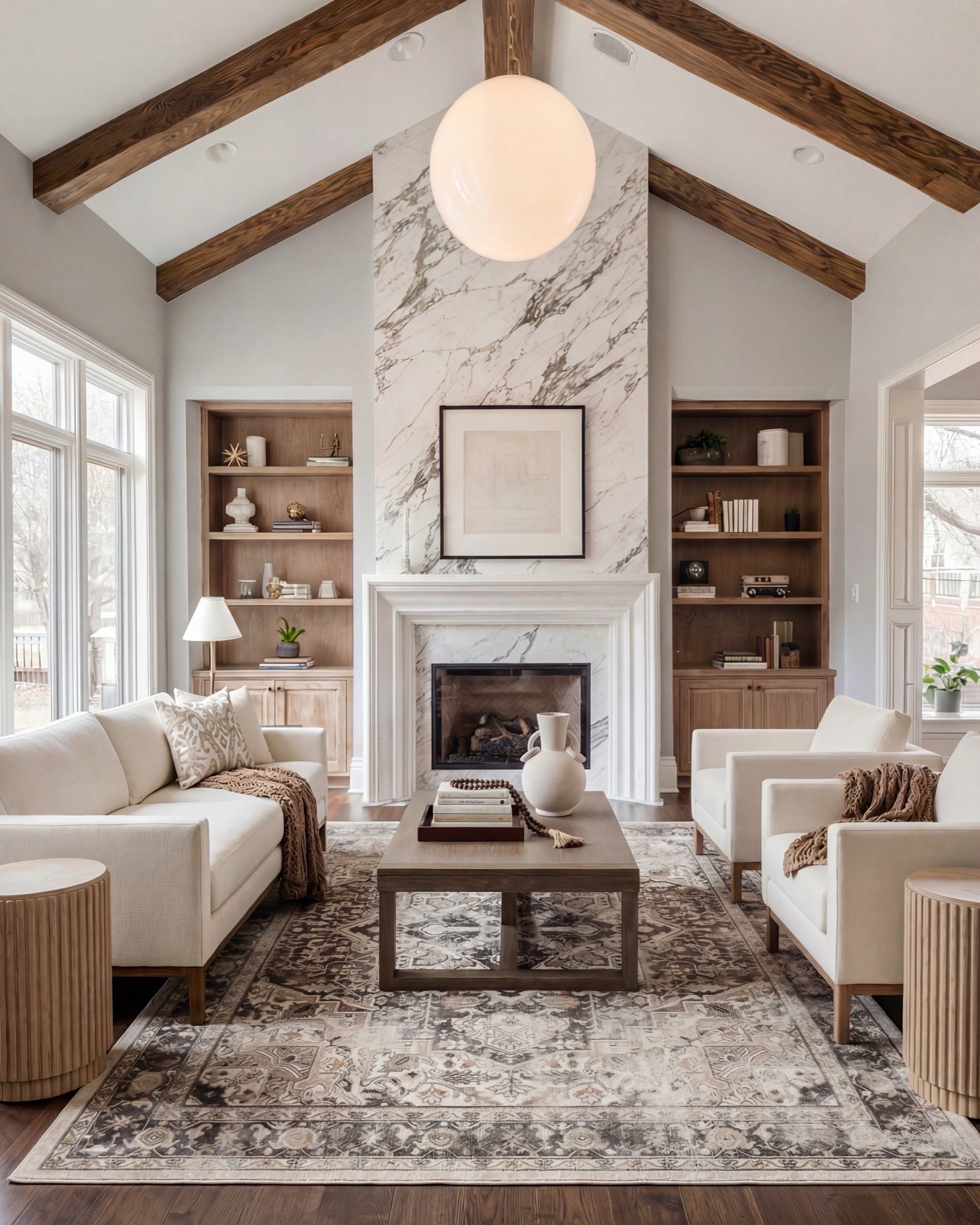 Shop the Look:
• Cream upholstered sofa
• Oak wood accent chairs (curved arms)
• Marble-look fireplace décor
• Solid wood coffee table
• Neutral vintage-style area rug
• Ceramic vase + beads styling set
• Light oak built-ins (or styling pieces for shelves)
• Tan patterned throw pillows
• Soft woven throw blanket
Wood Decor beads#LTKSaleAlert

#LTKsale #LTKhome
