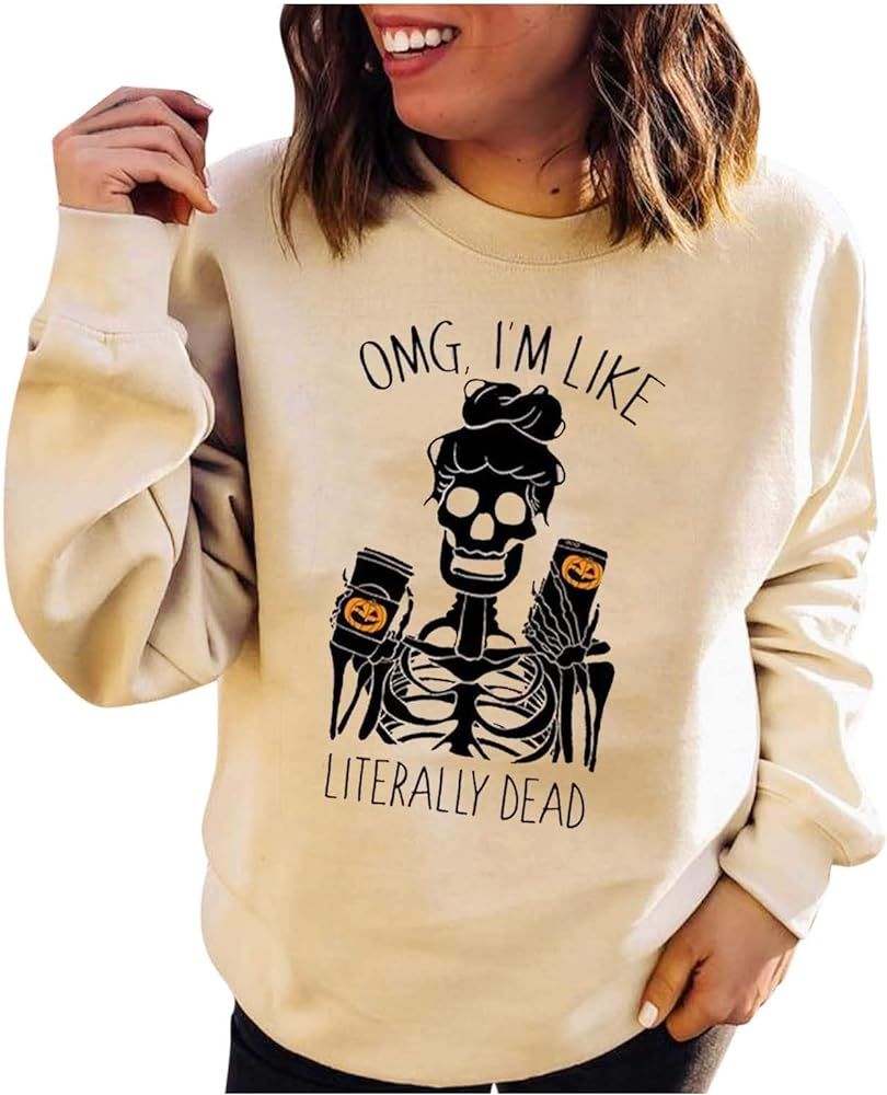 SPORTTIN Womens Casual Loose Pullover Novelty Pumpkin Printed Sweatshirt Halloween Tee Tops,OMG I'm  | Amazon (US)