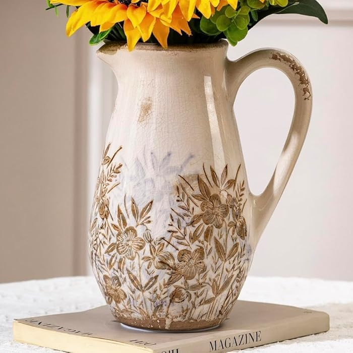 Purple and Borwn Floral Vintage Vase with Handle, Chinoiserie Floral Pitcher Vase, Rustic Ceramic... | Amazon (CA)