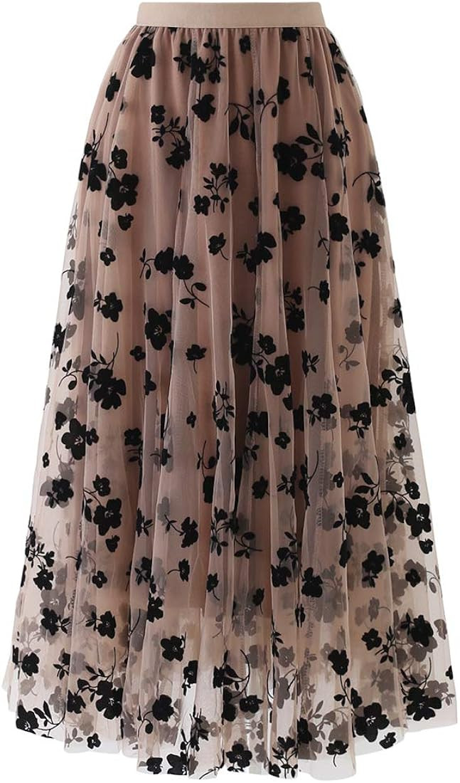 CHICWISH Women's 3D Posy Double-Layered Mesh Midi Skirt | Amazon (US)