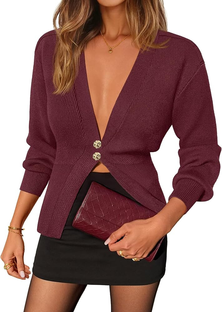 Womens Deep V Neck Button Cardigan Sweaters Long Sleeve Cropped Knit Sweater Y2k Cute Casual Fall... | Amazon (US)