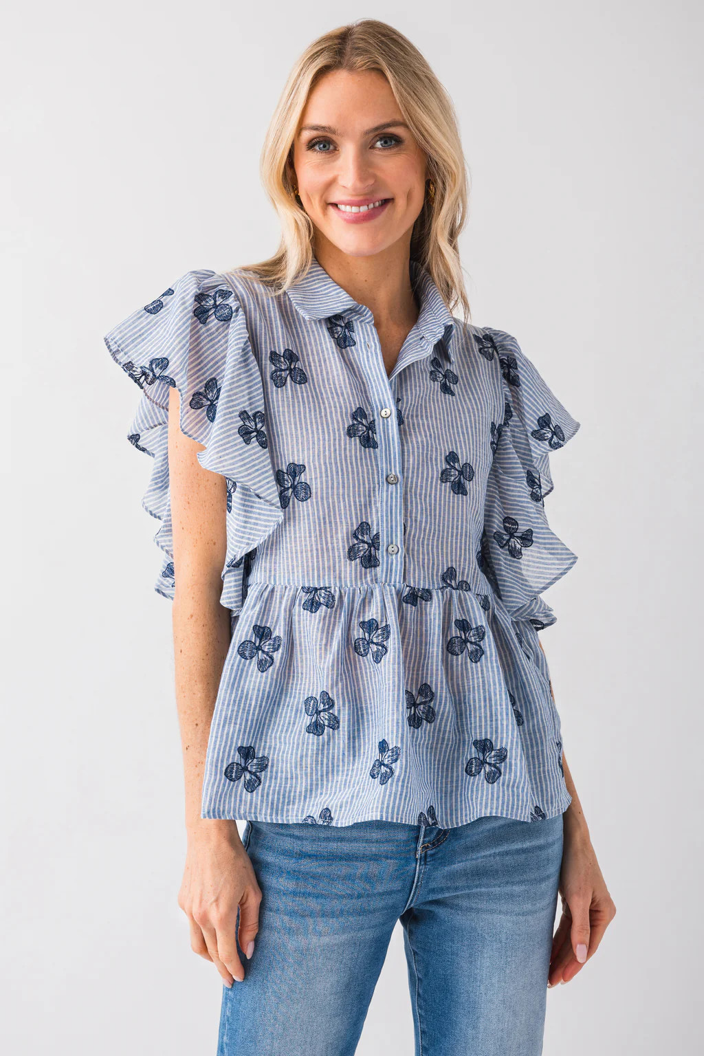 Voy Peplum Floral and Striped Ruffle Sleeve Top | Social Threads