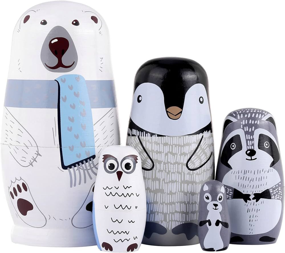 Yoption 5Pcs Russian Matryoshka Dolls Handmade Wooden Polar Bear Penguin Nesting Dolls Set for Ki... | Amazon (US)