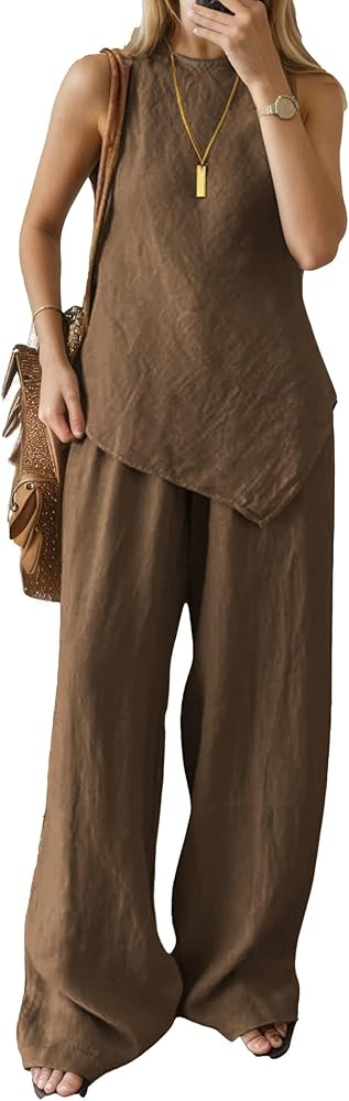 Womens Cotton Linen Sets 2 Piece Casual Asymmetrical Tank Tops Wide Leg Pants Set Vacation Two Pi... | Amazon (US)