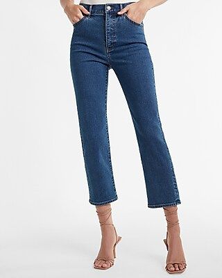 Super High Waisted Dark Wash Cropped Straight Jeans | Express