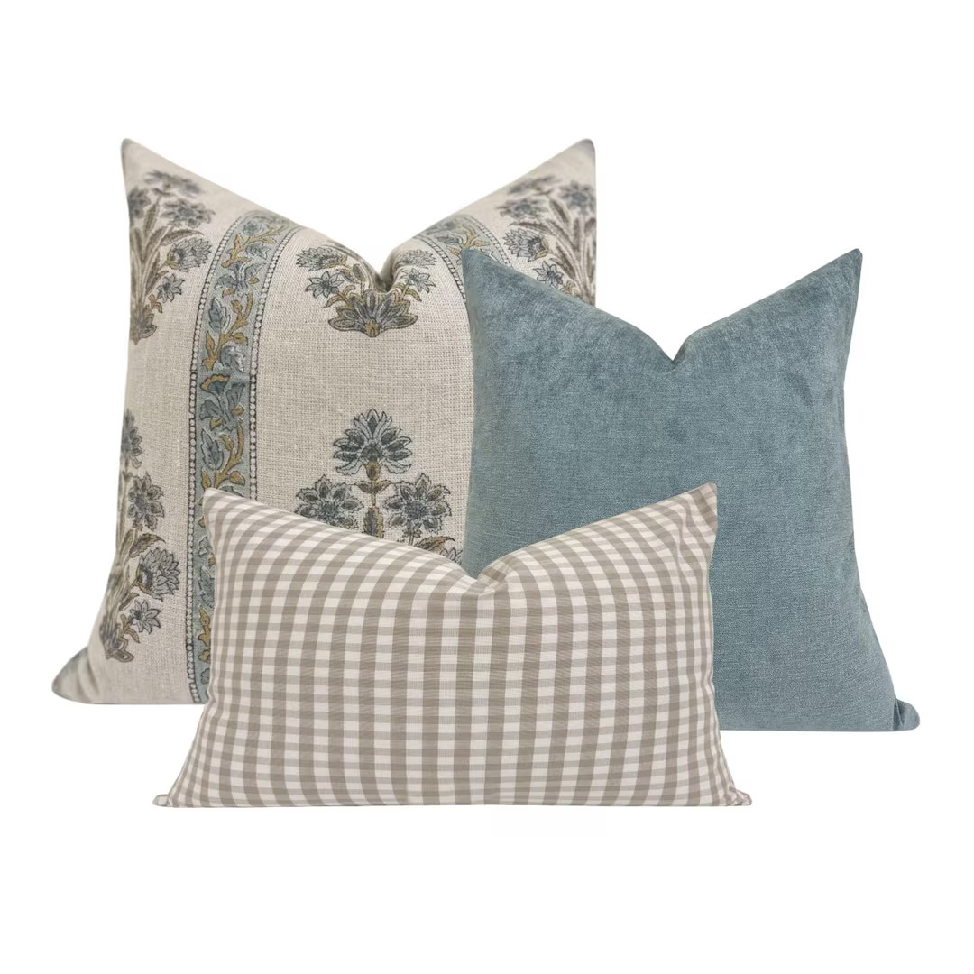 PILLOW COMBO Set of Three Designer Pillow Covers, Blue Floral, Blue Pillow, Taupe Check Pillow, S... | Etsy (US)