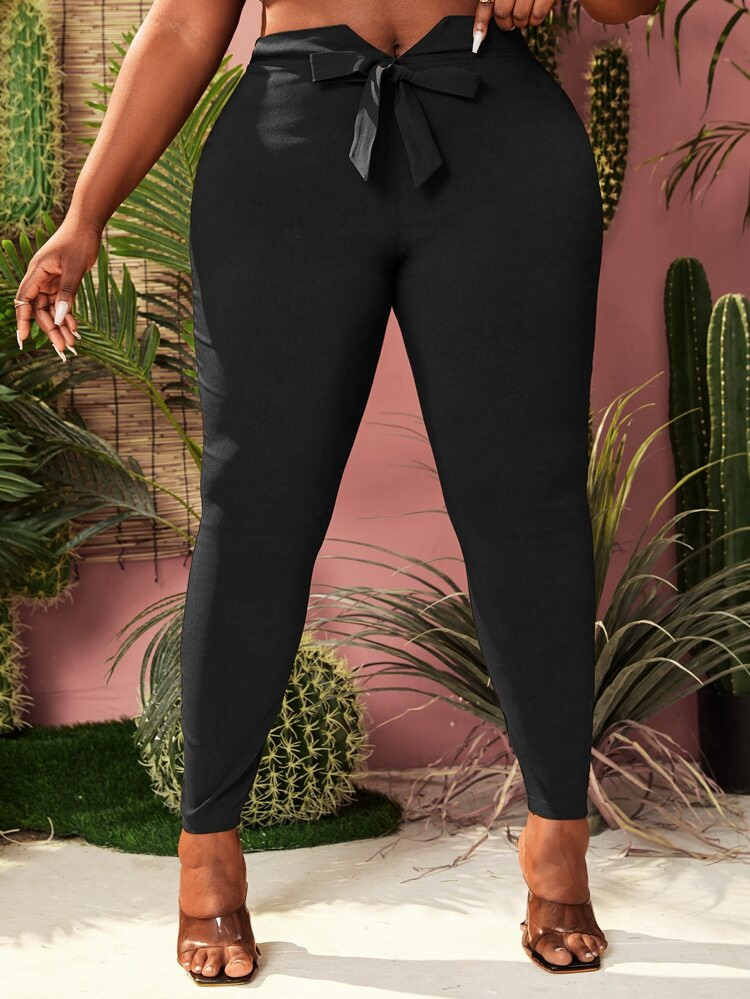 SHEIN SXY Plus Solid Bow Front Skinny Pants | SHEIN