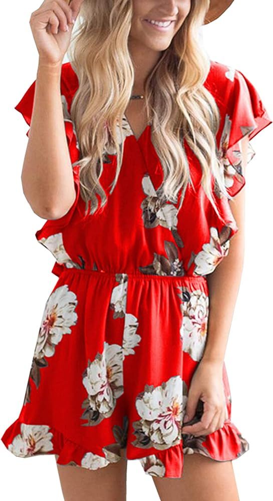 Angashion Women's Jumpsuits - Ruffle Cap Sleeves Wrap V Neck Floral Print Elastic Waist Short Rom... | Amazon (US)