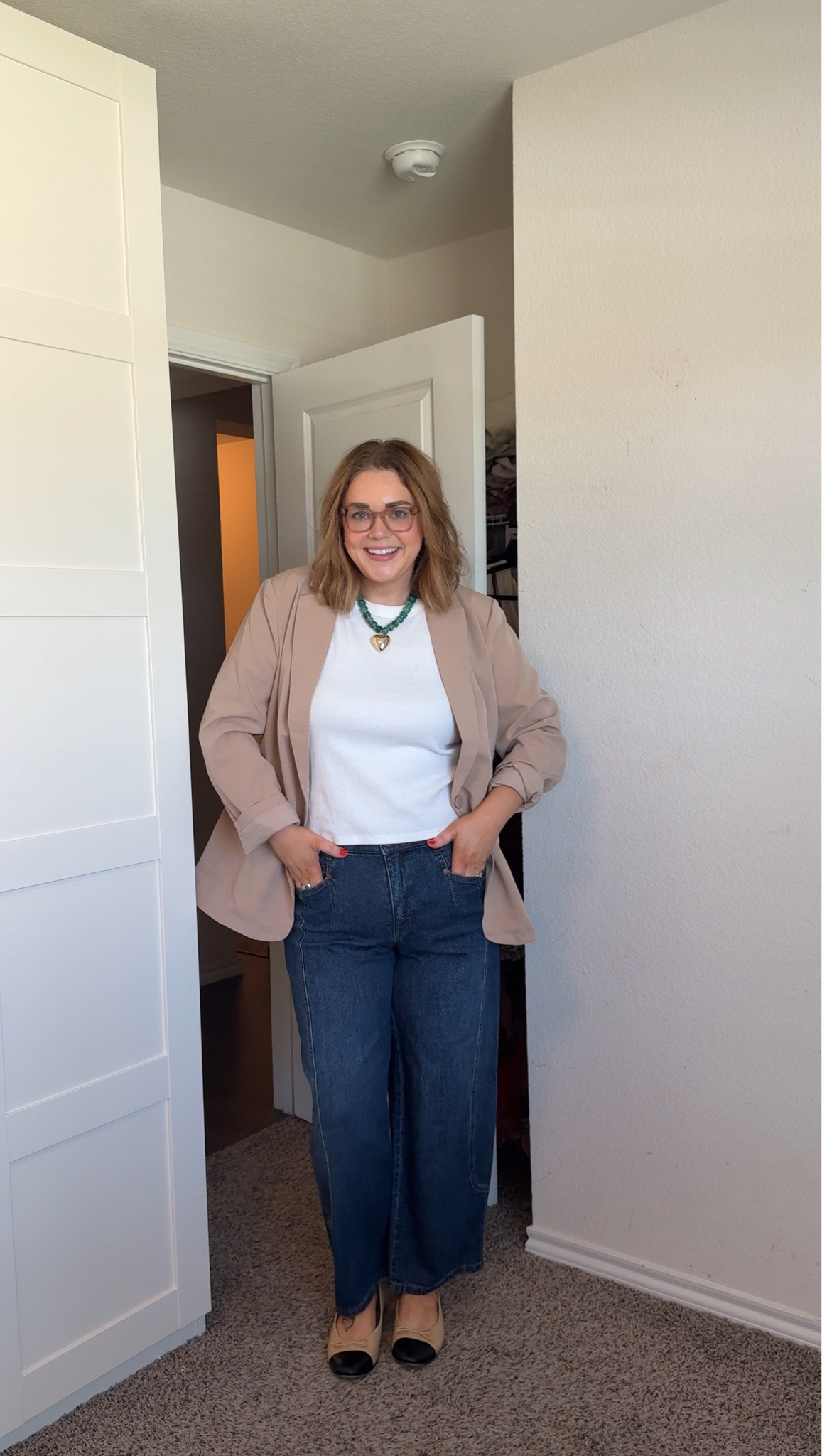 Work office teacher outfit wearing xl in blazer, large in tank, and size 14 in barrel jeans

#LTKMidsize #LTKSaleAlert