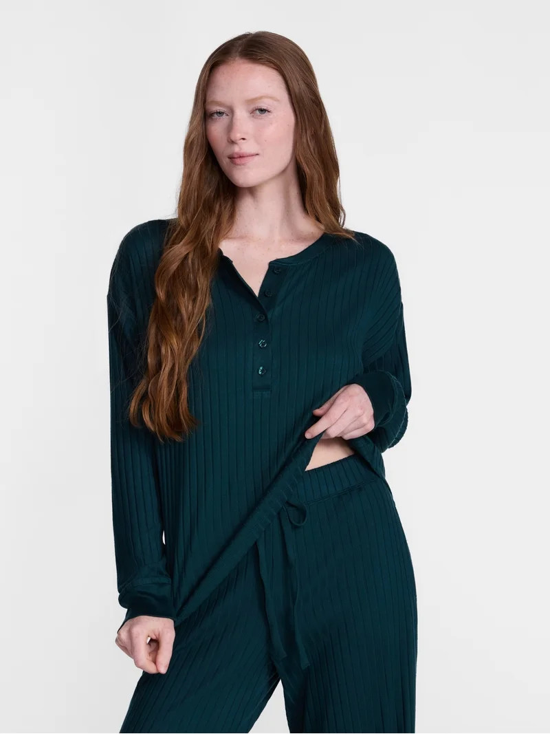 Joyspun Women's Cozy Lounge Collection Hacci Long Sleeve Henley Sleep Top, Sizes XS to 3X | Walmart (US)