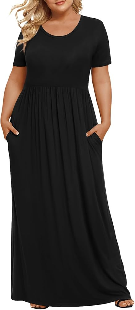 LONGYUAN Women's Plus Size Maxi Dresses for Curvy Women Summer Short Sleeve Casual 2026 Long Dres... | Amazon (US)