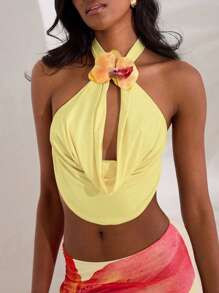 Opulessa Women's Sexy Open Back 3D Floral Decoration Halter Top For Vacation | SHEIN