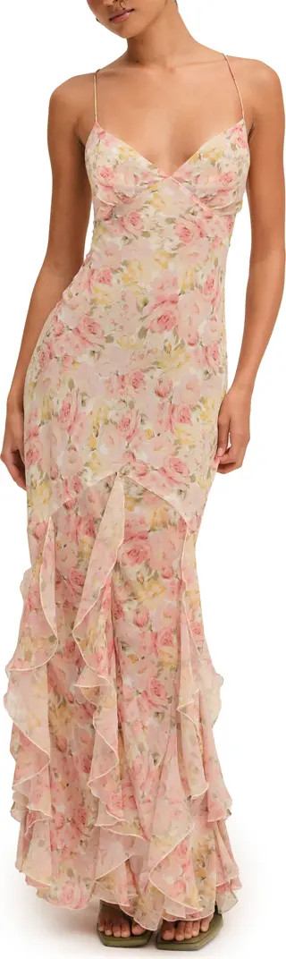 Elea Floral Ruffle Open Back Maxi Cocktail Dress | Nordstrom