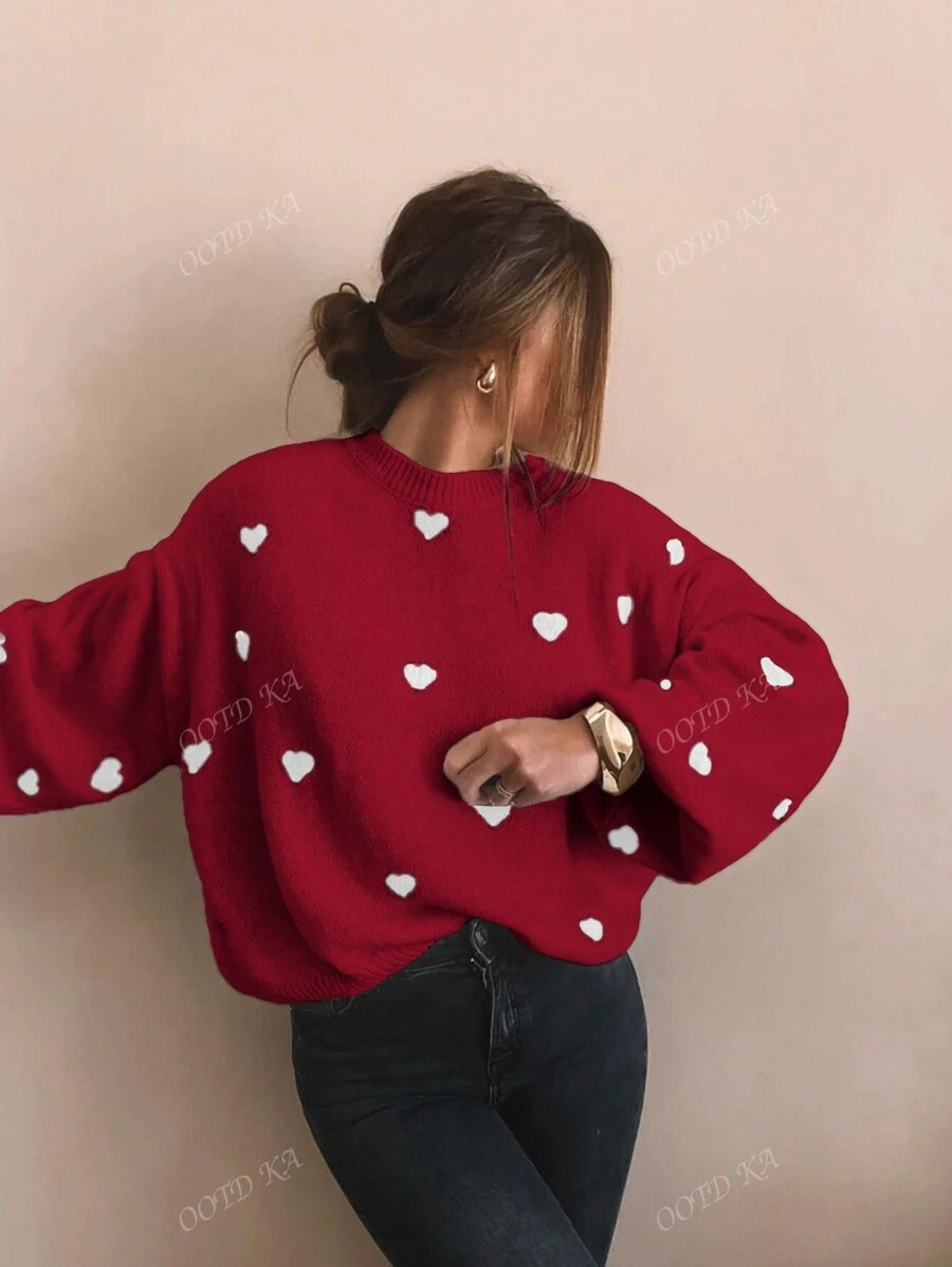 Women's Autumn And Winter Valentine's Day Red Cute Casual Love Jacquard Loose Casual Fashion Swea... | SHEIN