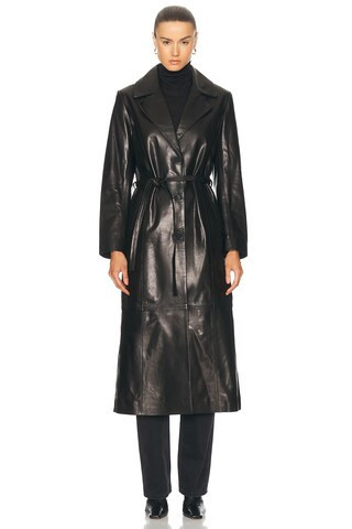 NOUR HAMMOUR Tamara Belted Leather Trench Coat in Black - Black. Size 40 (also in 42). | FWRD 