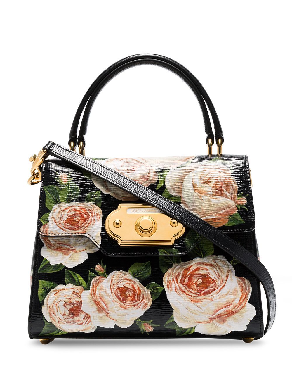 Dolce & Gabbana black Welcome Rose print leather shoulder bag | FarFetch US