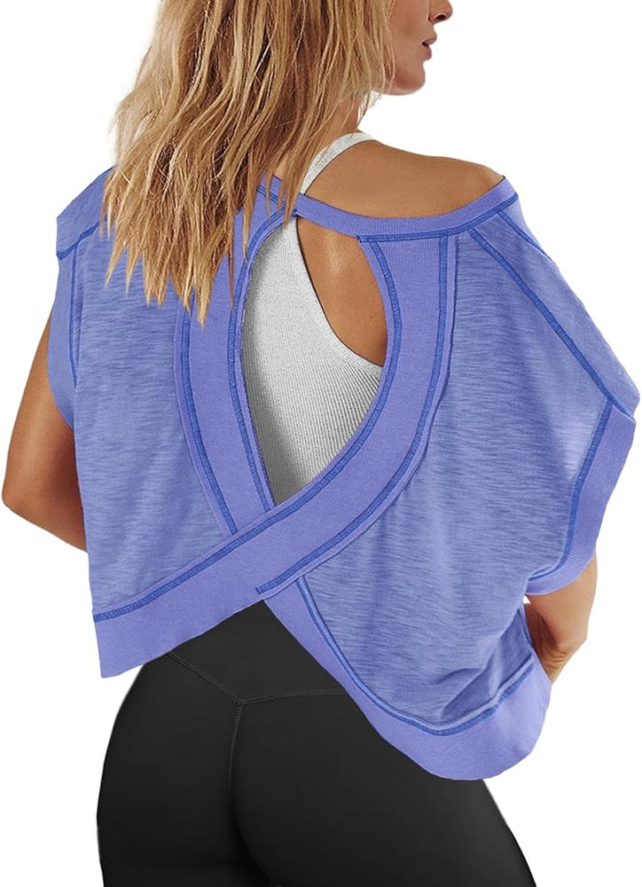 Panadila Womens Open Back Workout Top Oversized Workout T Shirts Backless Athletic Shirt Short Sl... | Amazon (US)