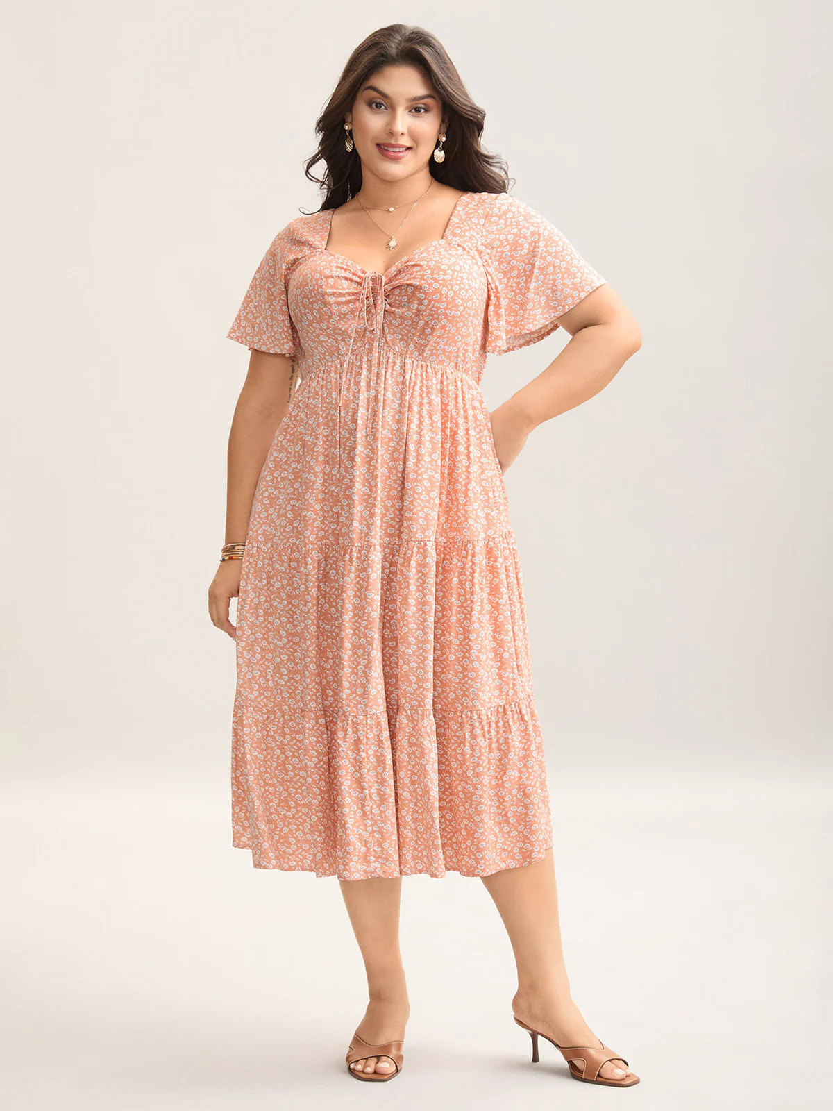 Ditsy Floral Sweetheart Drawstring Pocket Tiered Dress | Bloomchic
